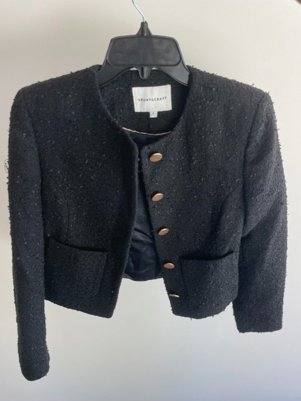 Black Sportscraft Samah Bouclé Jacket Cropped Textured Statement Buttons Size 6